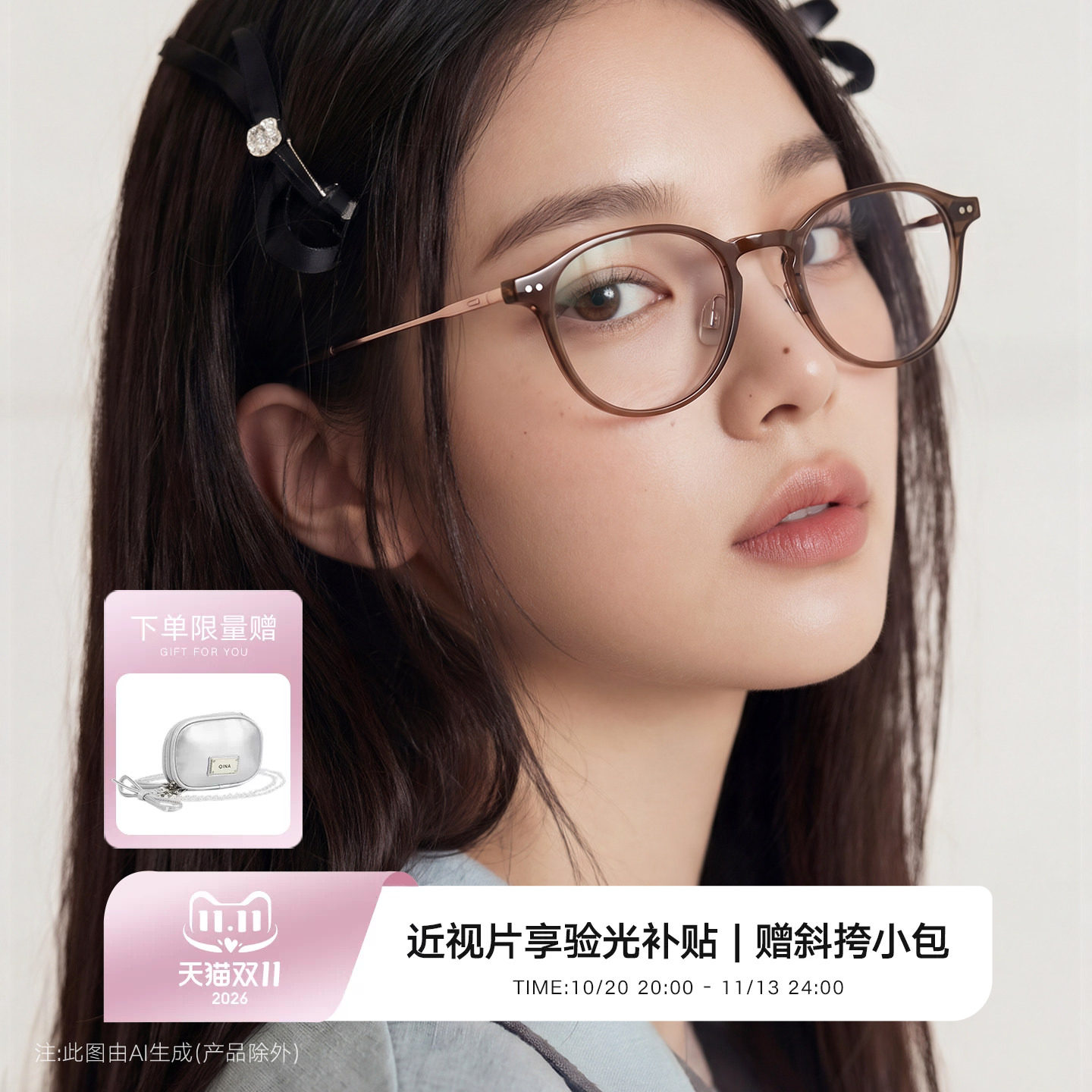 【侯明昊同款】QINA亓那素颜眼镜透棕色显白近视女镜架男QJ5211