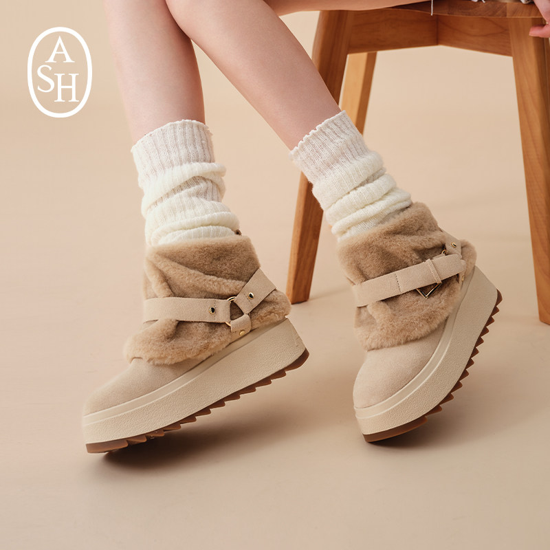 ASH女靴2025秋冬新款MOONRISE毛毛拼接雪地靴女圆头厚底增高短靴