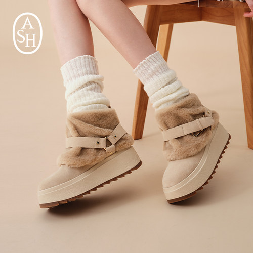 ASH女靴2025秋冬新款MOONRISE毛毛拼接雪地靴女圆头厚底增高短靴
