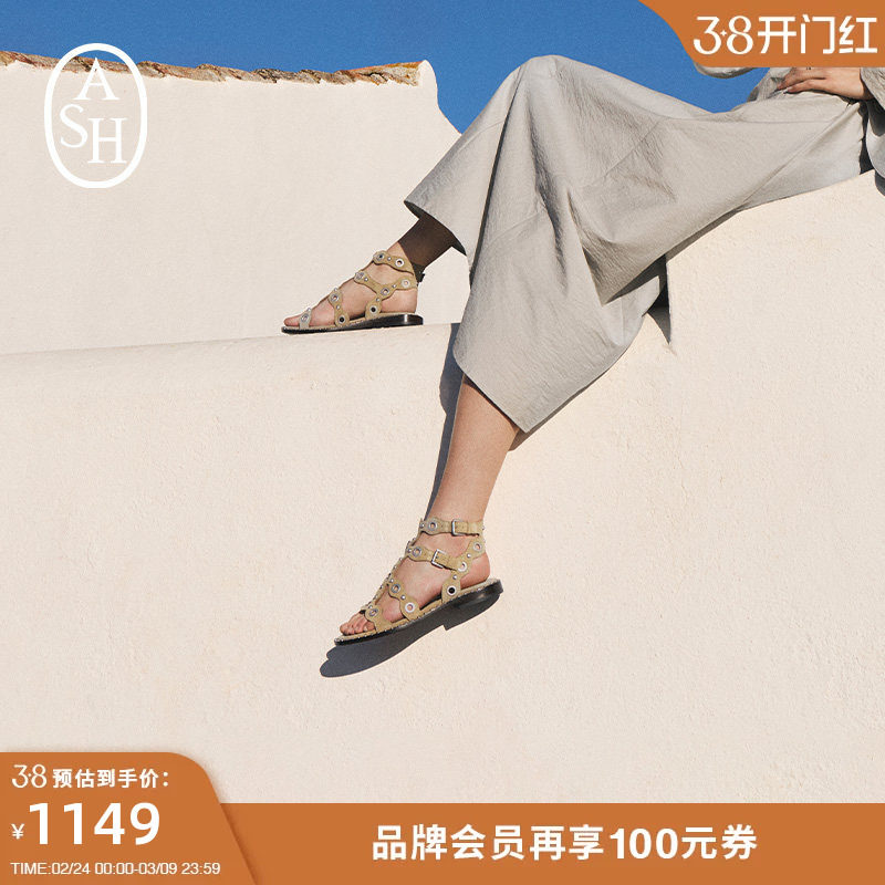 ASH女鞋2025夏季POP真皮铆钉时装凉鞋女露趾平底简约休闲罗马鞋潮