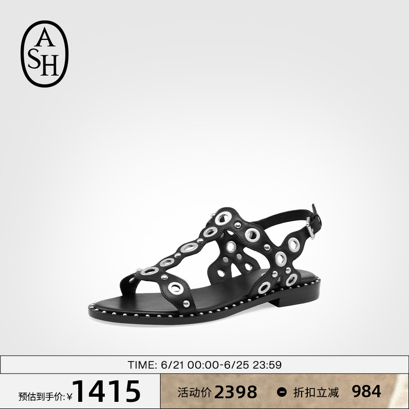 ASH女鞋2025夏季新款POP真皮铆钉凉鞋女露趾平底简约休闲罗马鞋潮