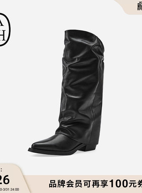 ASH女靴秋冬LIAM尖头高筒靴女粗跟套筒长靴时装堆堆靴