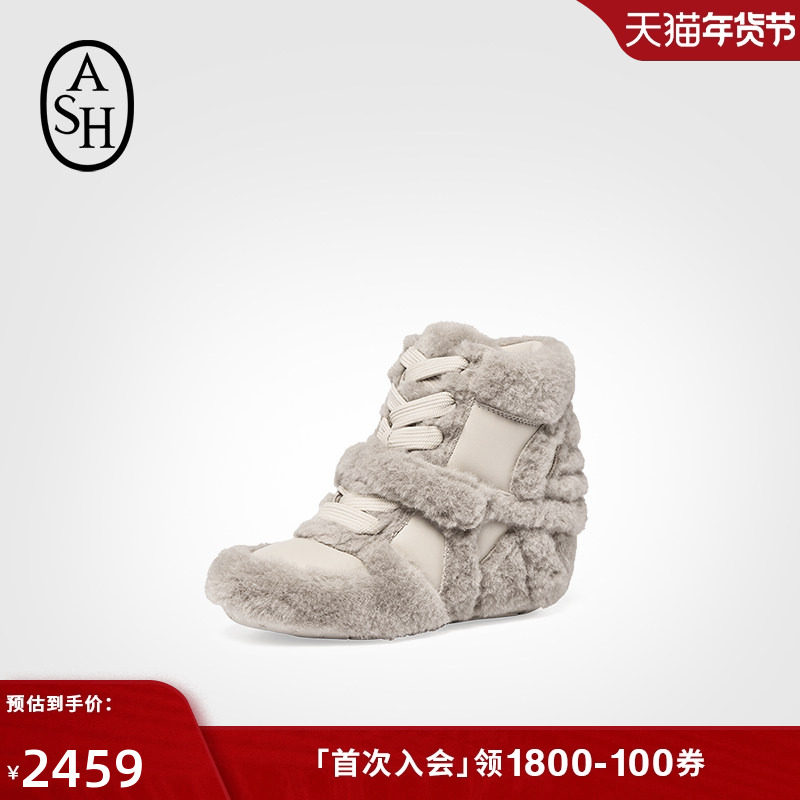 ASH女鞋秋冬BOWFFY FUR高帮坡跟魔术贴毛绒百搭休闲运动鞋女