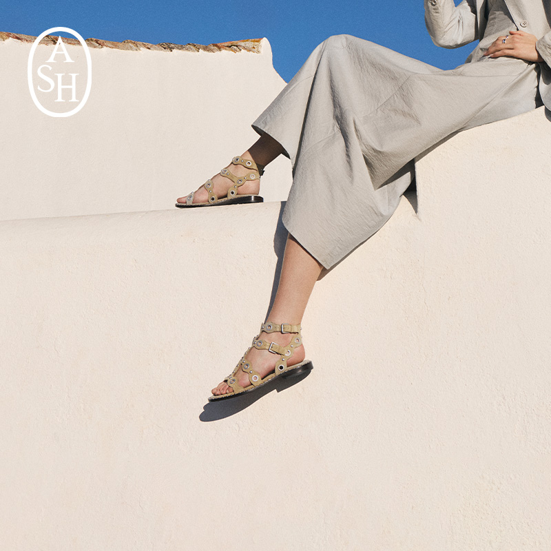 ASH女鞋2025夏季新款POP真皮铆钉凉鞋女露趾平底简约休闲罗马鞋潮