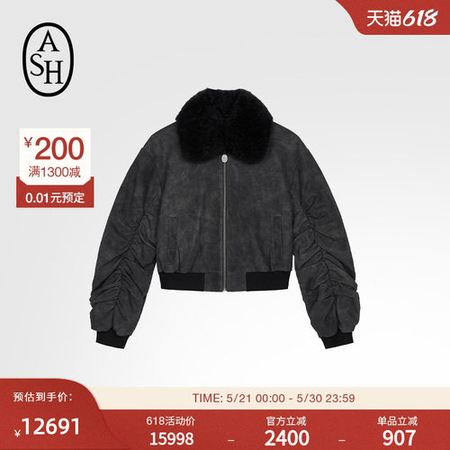 ASH女装秋冬款GRUNGE 100%牛皮革羊毛领夹克外套