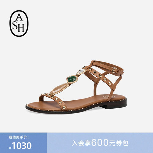 ASH女鞋夏季PENNY铆钉真皮露趾一字扣平底罗马时装凉鞋