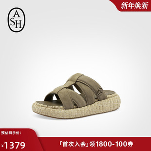 女外穿百搭懒人一字拖 VOX真皮草编厚底休闲凉拖鞋 ASH女鞋 2025夏季