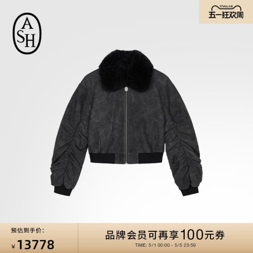 ASH女装秋冬款GRUNGE 100%牛皮革羊毛领夹克外套