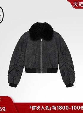 ASH女装秋冬款GRUNGE 100%牛皮革羊毛领夹克外套