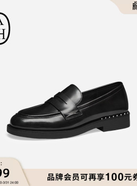 ASH女鞋春夏WHISPER STUDS真皮极简乐福鞋女粗跟英伦黑色单鞋