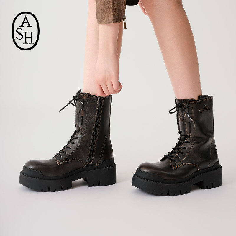 ASH女靴2025秋冬新款NEXT真皮马丁靴厚底圆头短筒靴机车靴女鞋潮