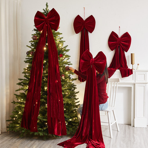 新款圣诞节超大酒红色金丝绒布蝴蝶结圣诞树商场橱窗装饰布景挂件