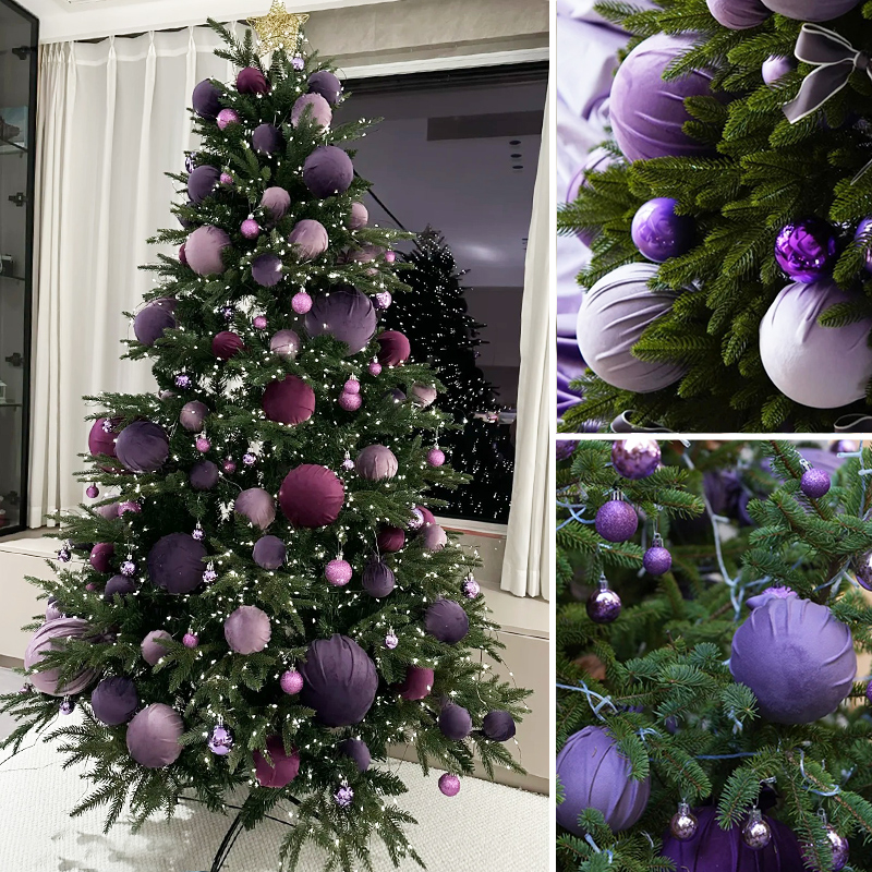 同炫圣诞树酒红紫色绒布球挂件