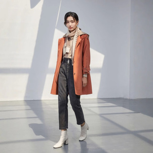 冬季橘红色学院风可脱卸连帽呢子大衣女加厚羊毛呢外套HH40903