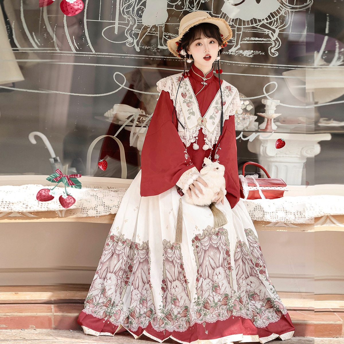 倚梦阁原创草莓与兔兔汉服女中国风汉元素假领上衣半裙套装9414