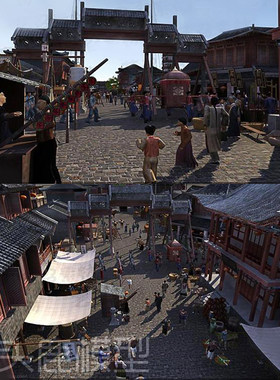 3Dmax三维游戏动画古代场景街道建筑模型素材源文件带房子贴图