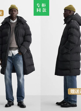 柜999！ZA冬季新品棉服外套科技面料黑色长款连帽棉服8281501 800