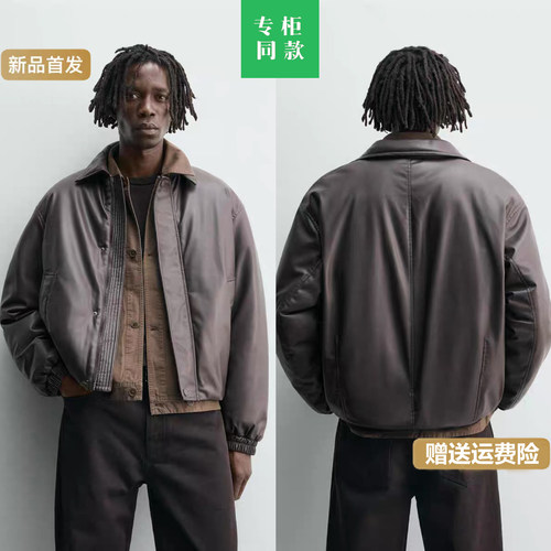 柜699！ZA秋季新品男装宽松版型仿皮拉链夹克外套棉服3833304 716