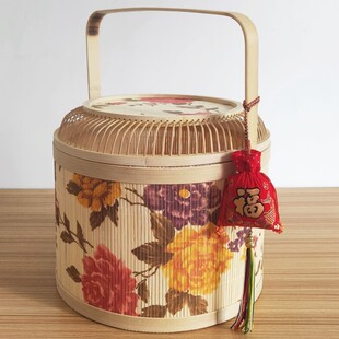 竹编篮子伴手礼复古竹编印花礼品篮喜庆年货糕点水果礼盒手提竹篮