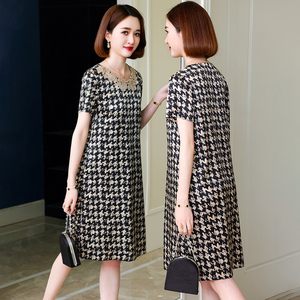 卡若维娅宽松韩版娃娃领女士真丝印花连衣裙短袖千鸟格桑蚕丝裙子