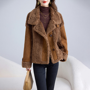 卡若维娅海宁颗粒绒皮草外套女短款羊剪绒皮毛一体羊羔毛休闲大衣