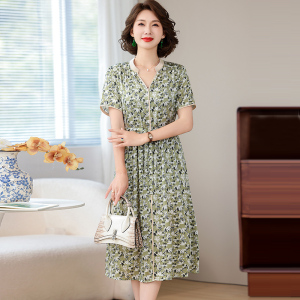 卡若维娅真丝桑蚕丝连衣裙女中长款印花显瘦裙子气质妈妈装短袖夏
