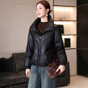 卡若维娅真皮皮衣女2025新款海宁绵羊皮羽绒服黑色短款面包服外套