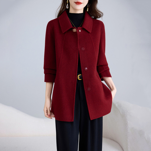 卡若维娅2025秋冬新款双面羊毛大衣女中年妈妈零羊绒红色呢子外套