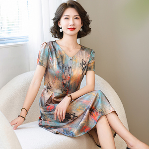 卡若维娅高端真丝连衣裙女夏季中长款收腰桑蚕丝裙子显瘦印花短袖