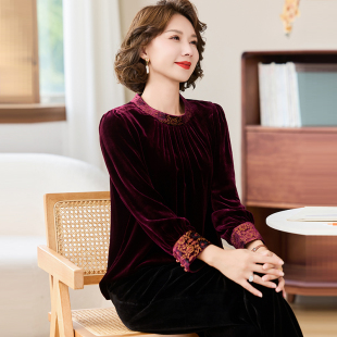 卡若维娅高端真丝绒上衣女2025新款中式桑蚕丝外套黑色妈妈装衬衣