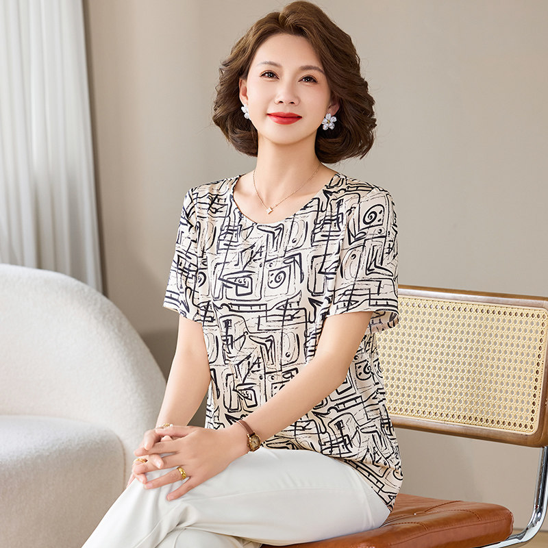 卡若维娅真丝桑蚕丝印花妈妈短袖