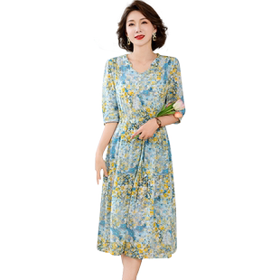 卡若维娅桑蚕丝连衣裙杭州真丝印花收腰显瘦长裙子大牌丝绸短袖女