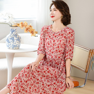 卡若维娅杭州真丝连衣裙正品桑蚕丝印花显瘦长裙子小个子减龄短袖