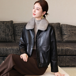 卡若维娅2025海宁真皮羽绒服女短款水貂毛领绵羊皮衣夹克皮草外套