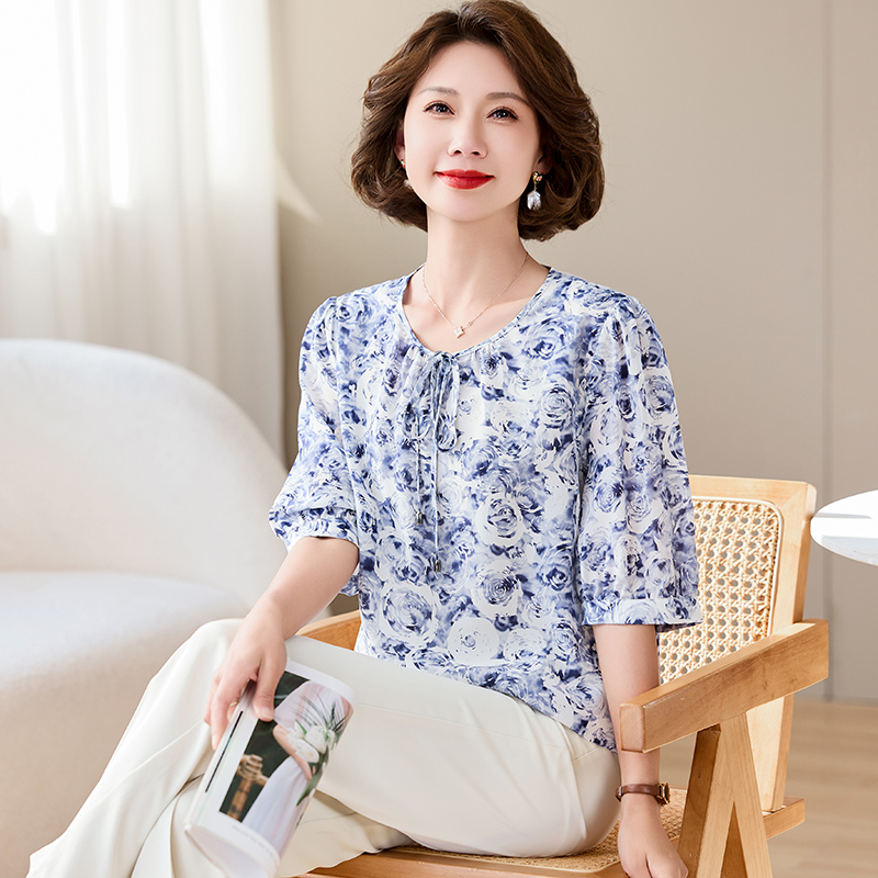 真丝桑蚕丝印花上衣女衬衫中袖夏