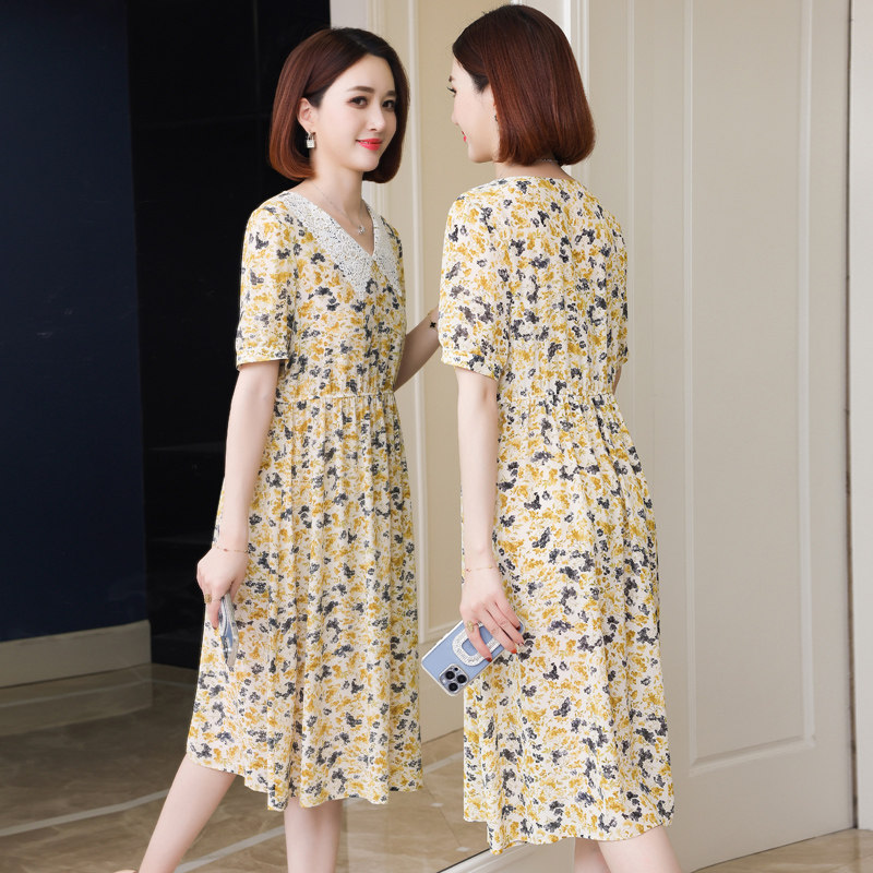 真丝连衣裙女士夏季新款短袖v领收腰中长款气质碎花桑蚕丝裙子韩
