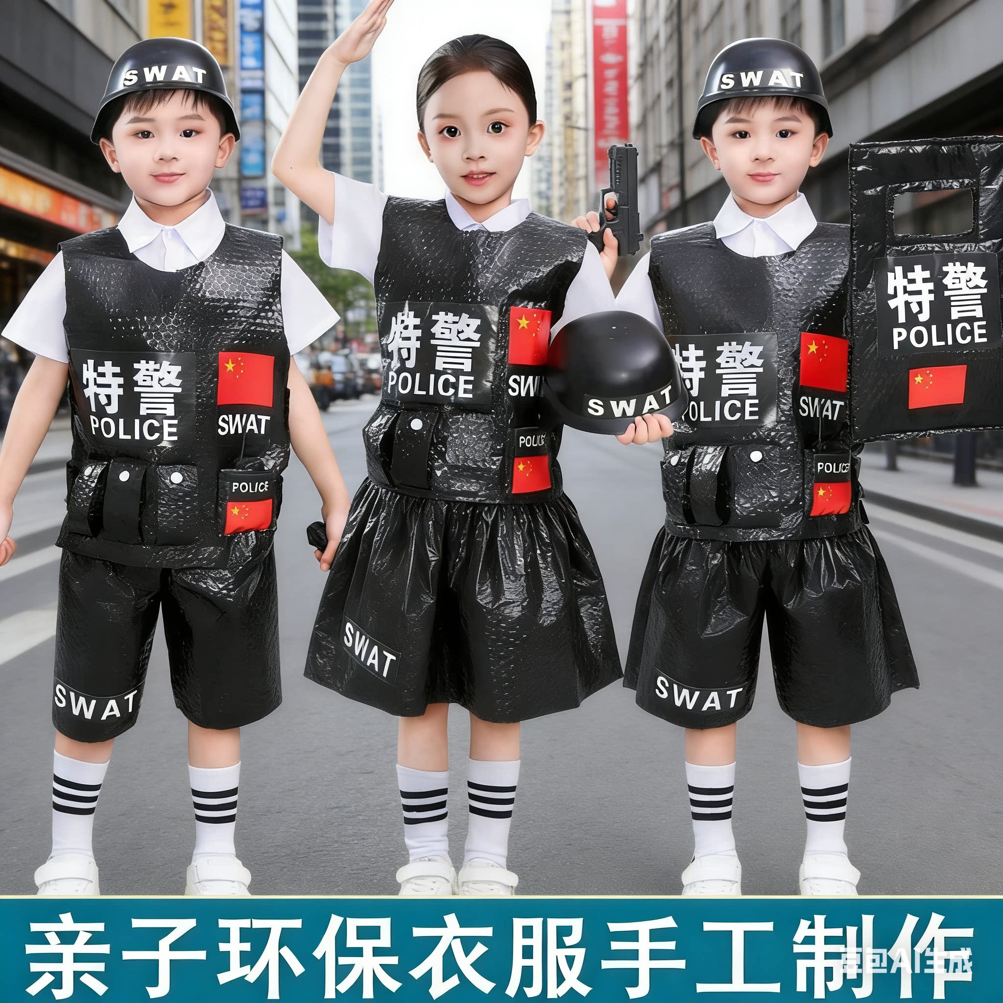 儿童环保走秀服装幼儿园手工DIY特警环保衣服亲子环保主题表演服