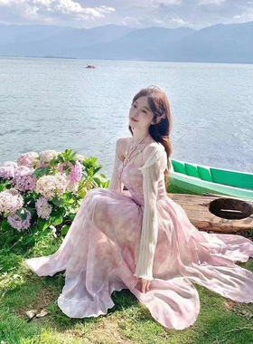 吊带裙女2024纯欲风海边度假沙滩裙荷叶边小个子蛋糕裙雪纺连衣裙