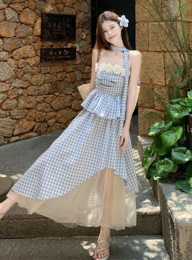 蓝色格子蕾丝抹胸吊带半身裙女夏泰式多巴胺云南海边度假长裙套装
