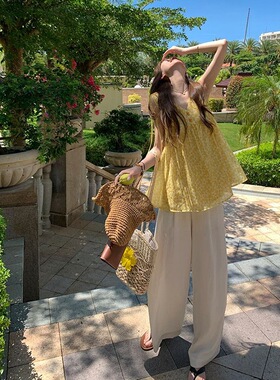 韩系新款2026年夏季甜美『小黄花』轻薄V领无袖衬衫碎花A摆娃娃衫