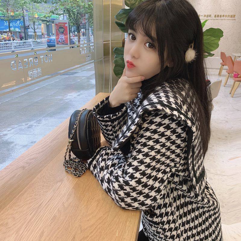 丸兔3  韩版宽松百搭毛呢外套千鸟格小香风大衣网红同款海军领女