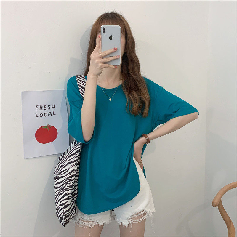 Real price loose design split length solid color thin versatile care machine short sleeve T-shirt for women