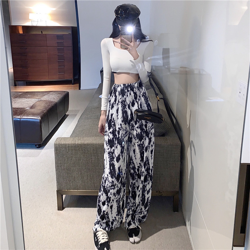 Real price Hong Kong fashion show thin high waist splash ink dye fried Street wide leg casual pants