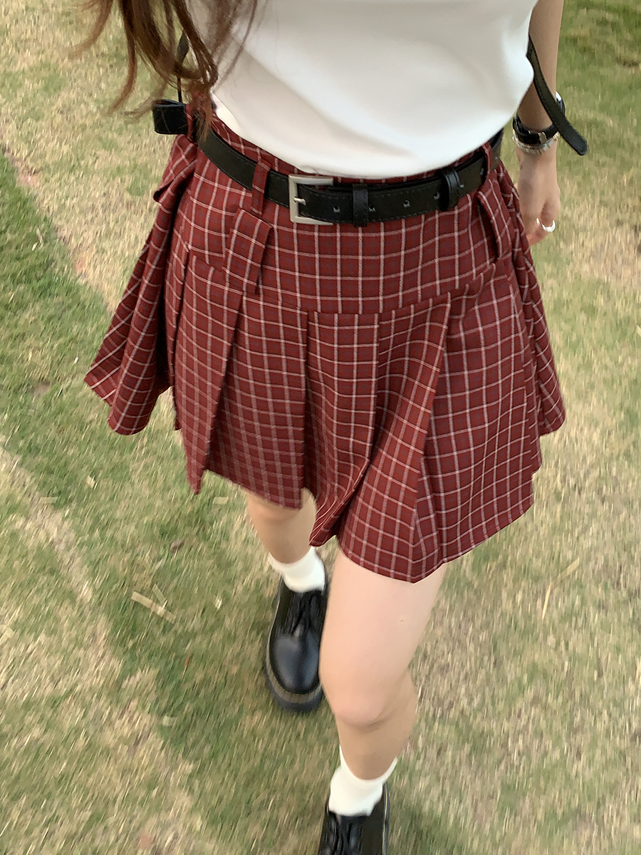 馨帮帮 自制百褶裙学院风短裙a字夏季美式复古红色格子半身裙女