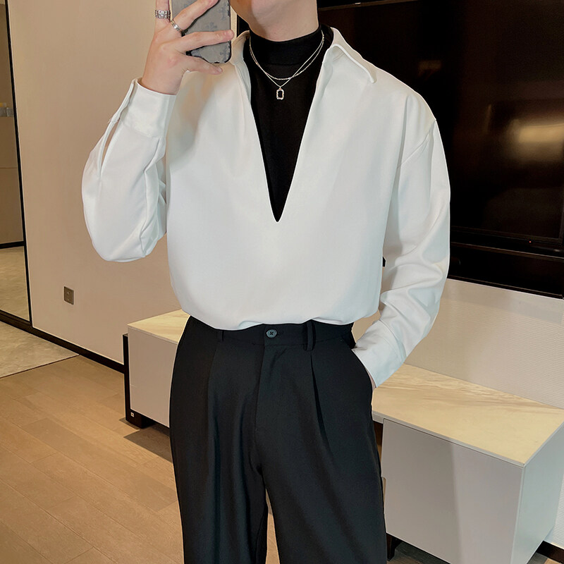 韩系男主风高级感假两件长袖衬衫