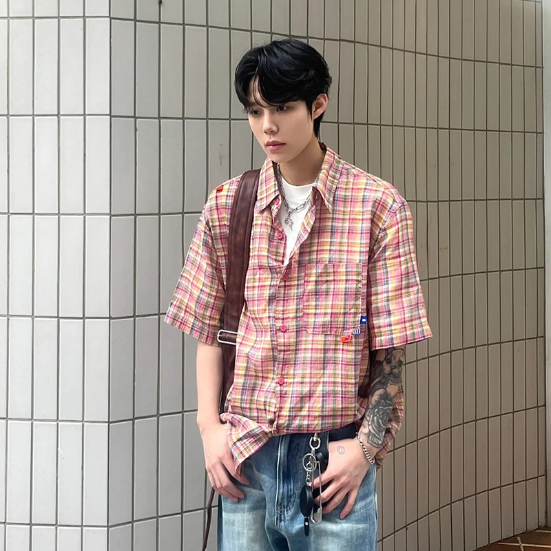 粉色格子短袖衬衫男夏季叠穿外套