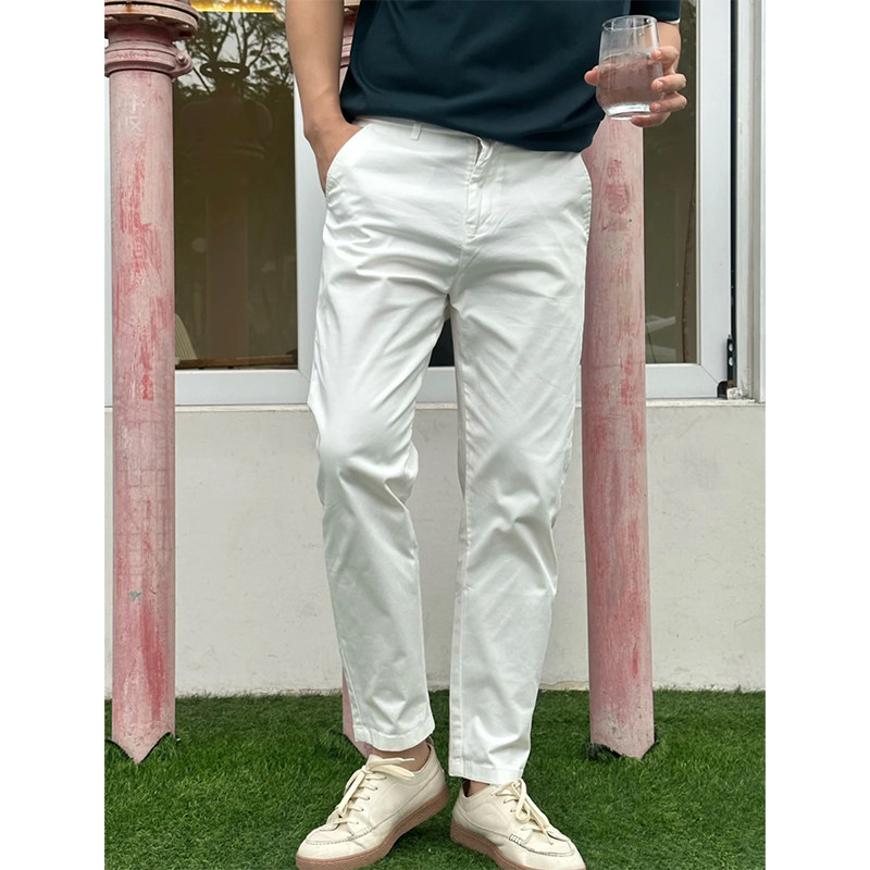 新款男士韩版修身白色直筒休闲裤男高级感弹力修身九分锥形小西裤