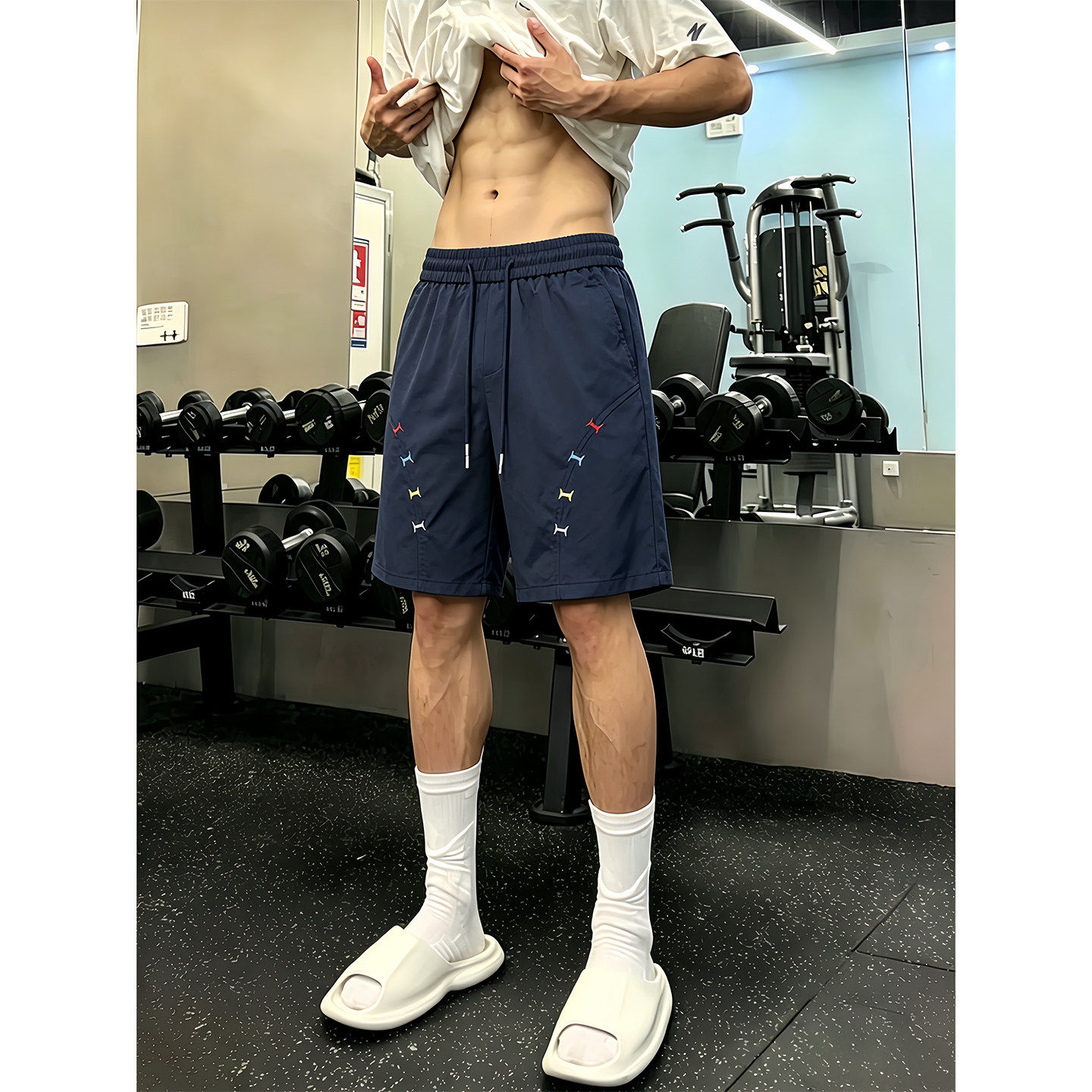 美式高街时尚刺绣运动短裤男宽松直筒五分篮球裤夏季速干半截裤子