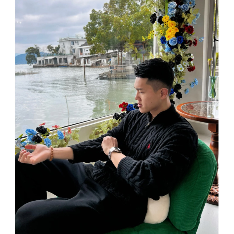 thumbnail for Khaki pony-embroidered cable knitted sweater men's fall and winter old money style wear stand-up collar zip base shirt top