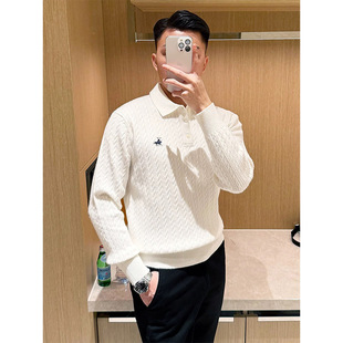 白色战马刺绣Polo领毛衣男高级感浮雕绞花针织衫秋冬时尚内搭线衣